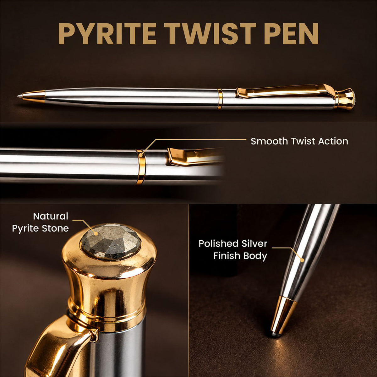 Polished Silver Gold Natural Pyrite Stone Twist Ball Pen