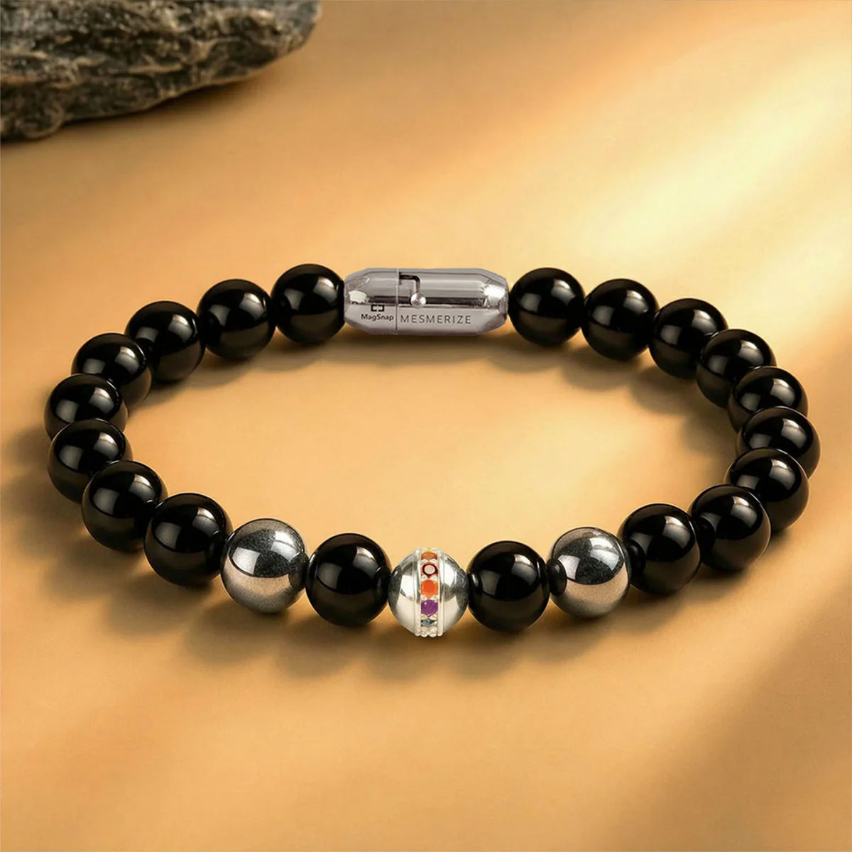 925 Sterling Silver 7 Chakra And Hematite Natural Stone Bracelet With MagSnap2