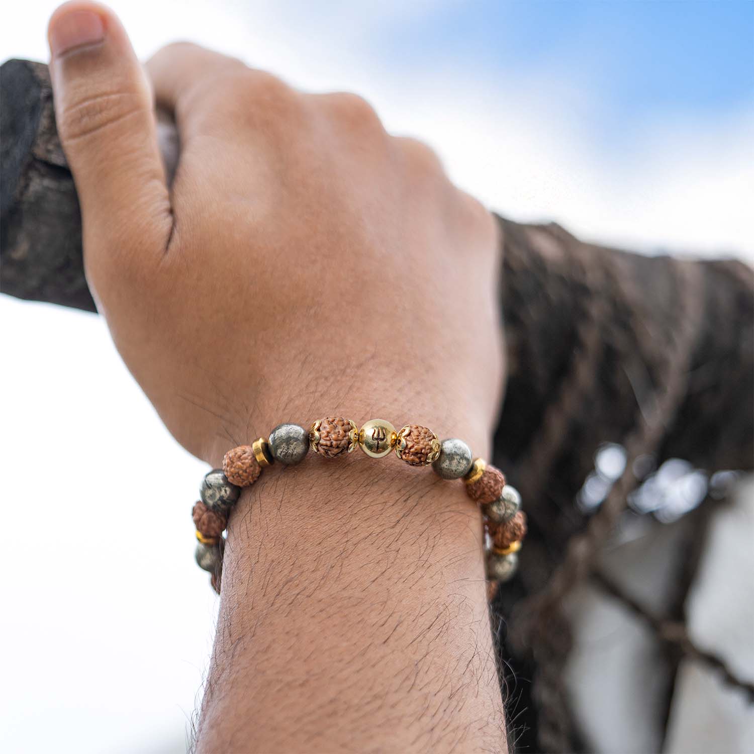 925 Sterling Silver Spiritual Trishul Pyite Natural Stone Bracelet with MagSnap2