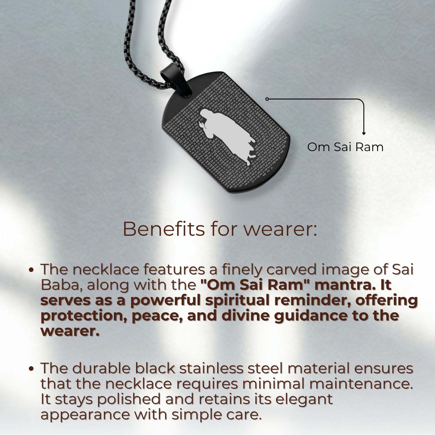Om Sai Ram MicroCarved Tag Necklace Black