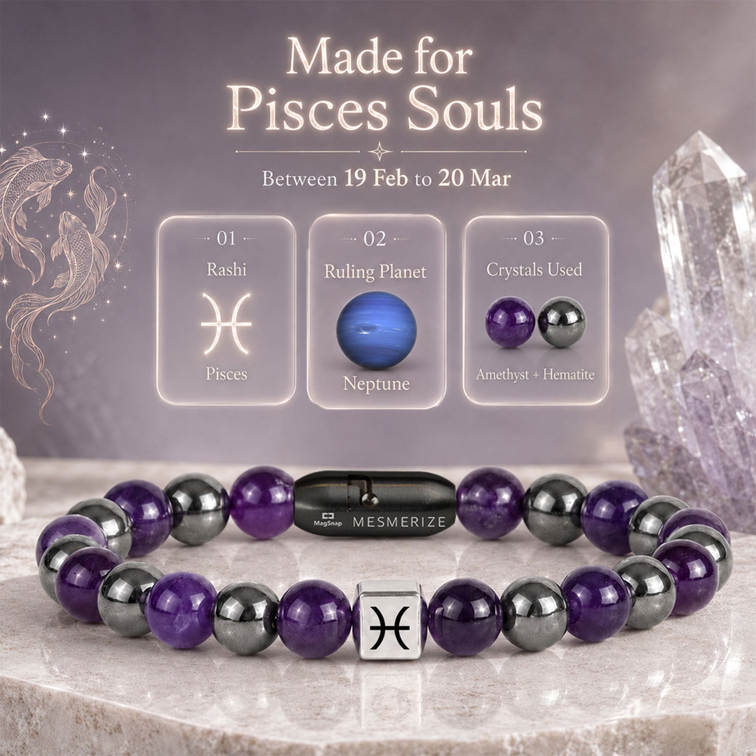 Pisces (Meen) Zodiac Stone Bracelet with MagSnap 4