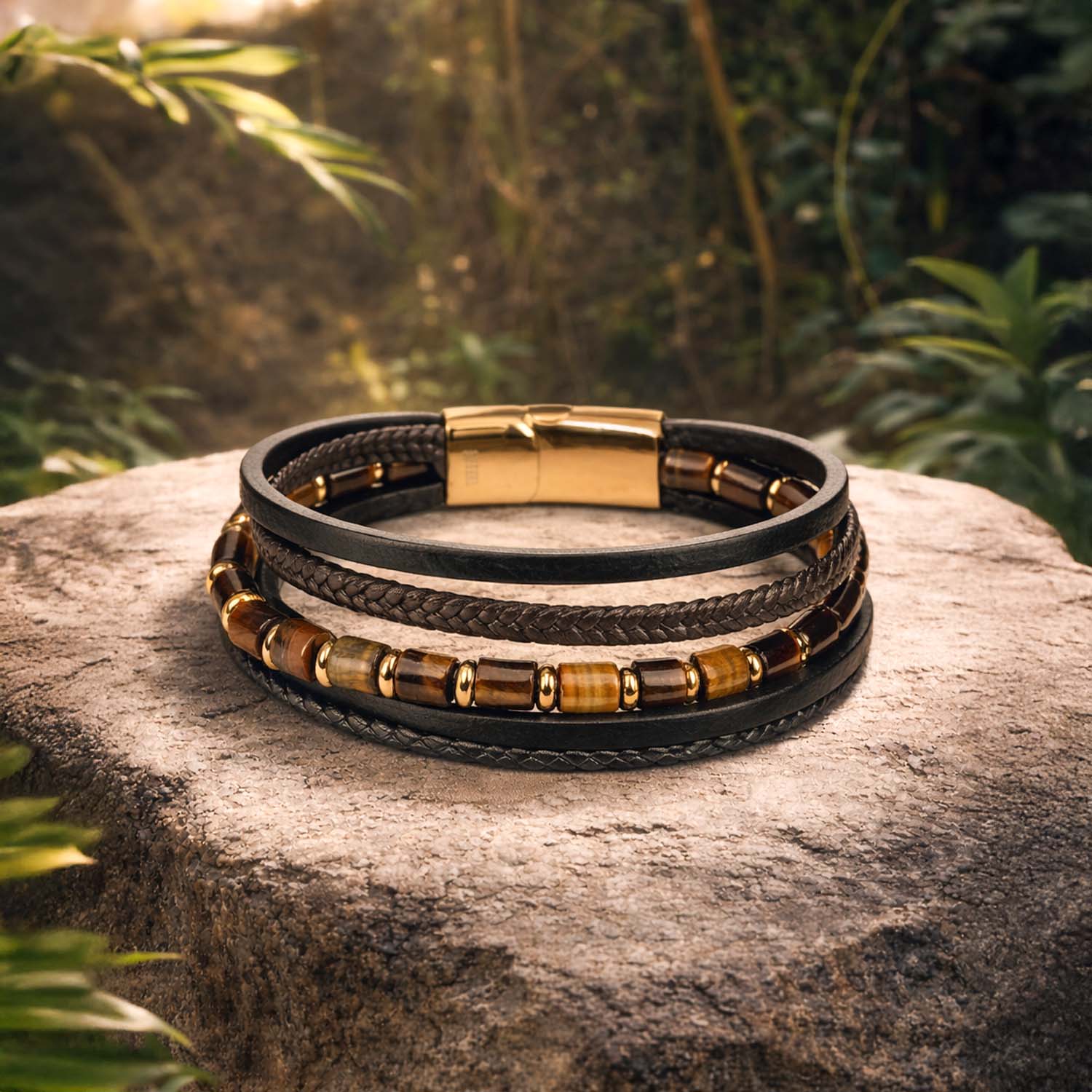 Courageous Tiger Eye Barrel Bead NeoLeather Bracelet With MagSlide