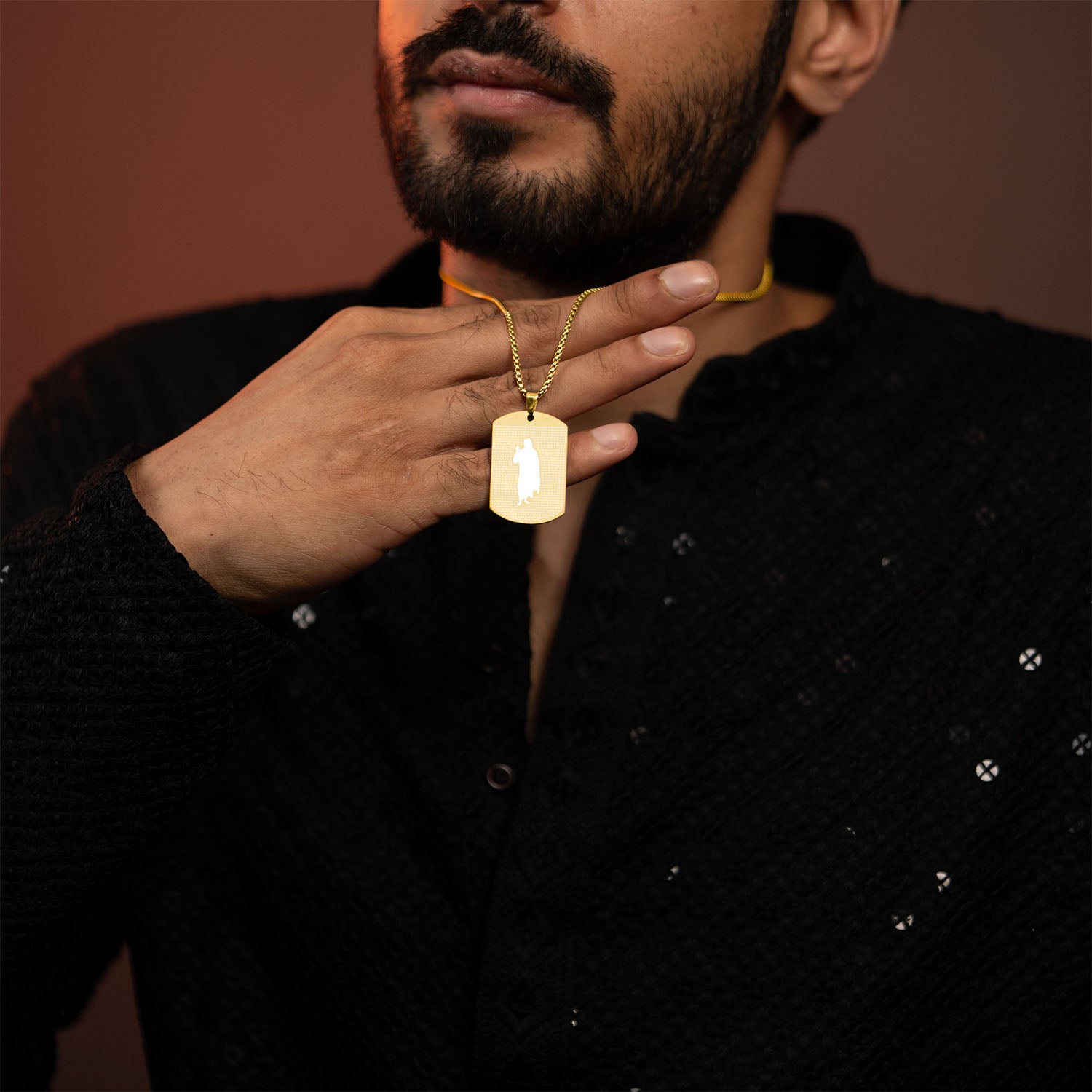 Om Sai Ram MicroCarved Tag Necklace Gold