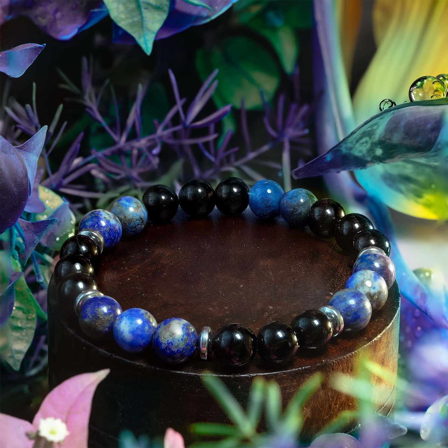 Knowledge Gloss Onyx And Lapis Lazuli Natural Stone Elastic Bracelet