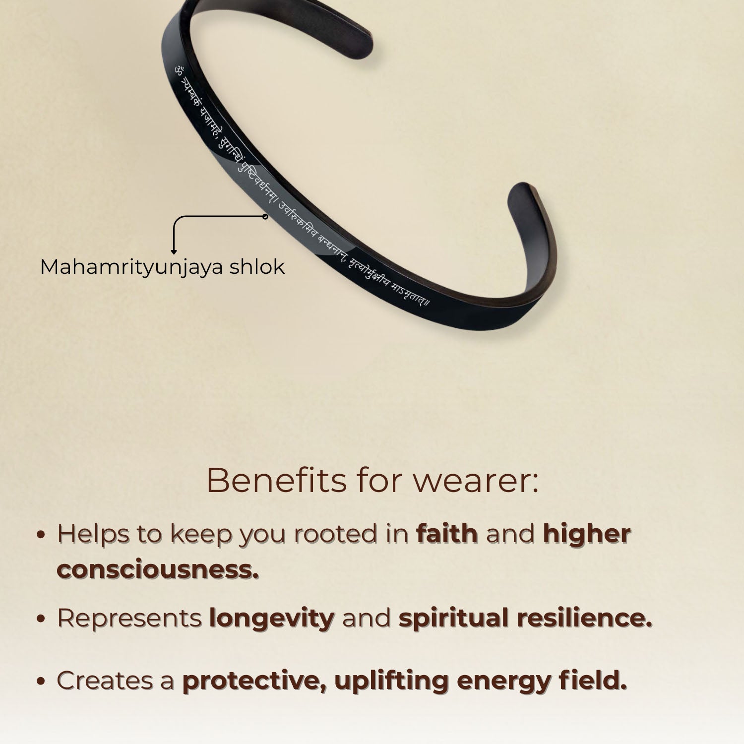 Maha Mrintujay Mantra Gloss Cuff Adjustable Bracelet Black