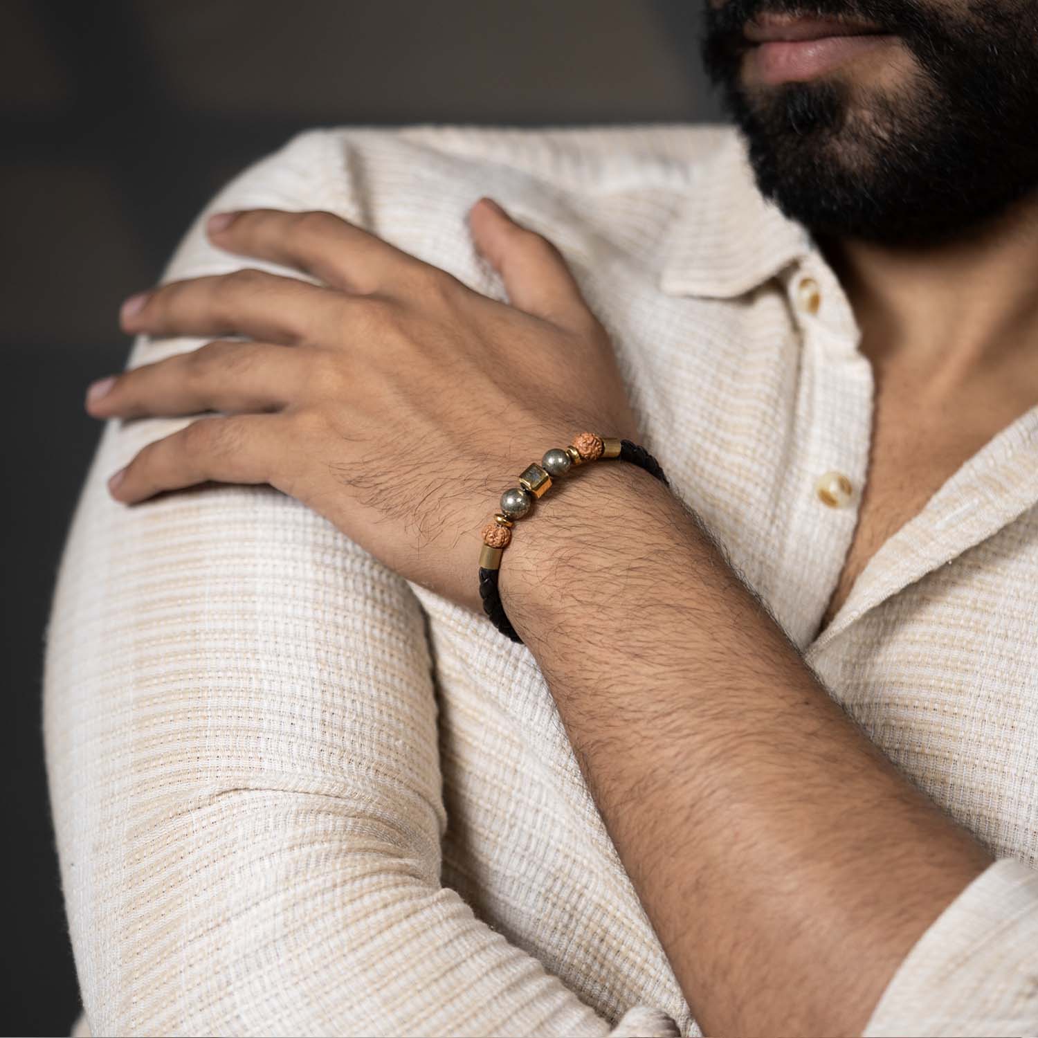 Rudraksh Pyrite Trishul NeoLeather Bracelet With MagSnap2