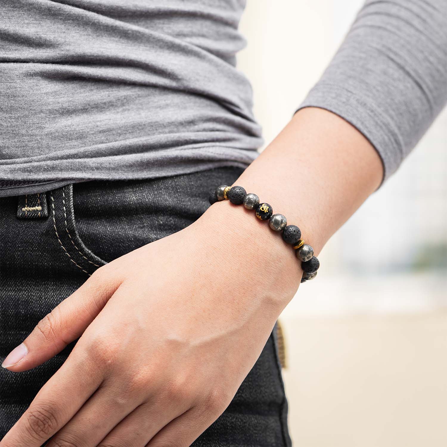 Spiritual Pyrite Natural Stone OM Elastic Bracelet