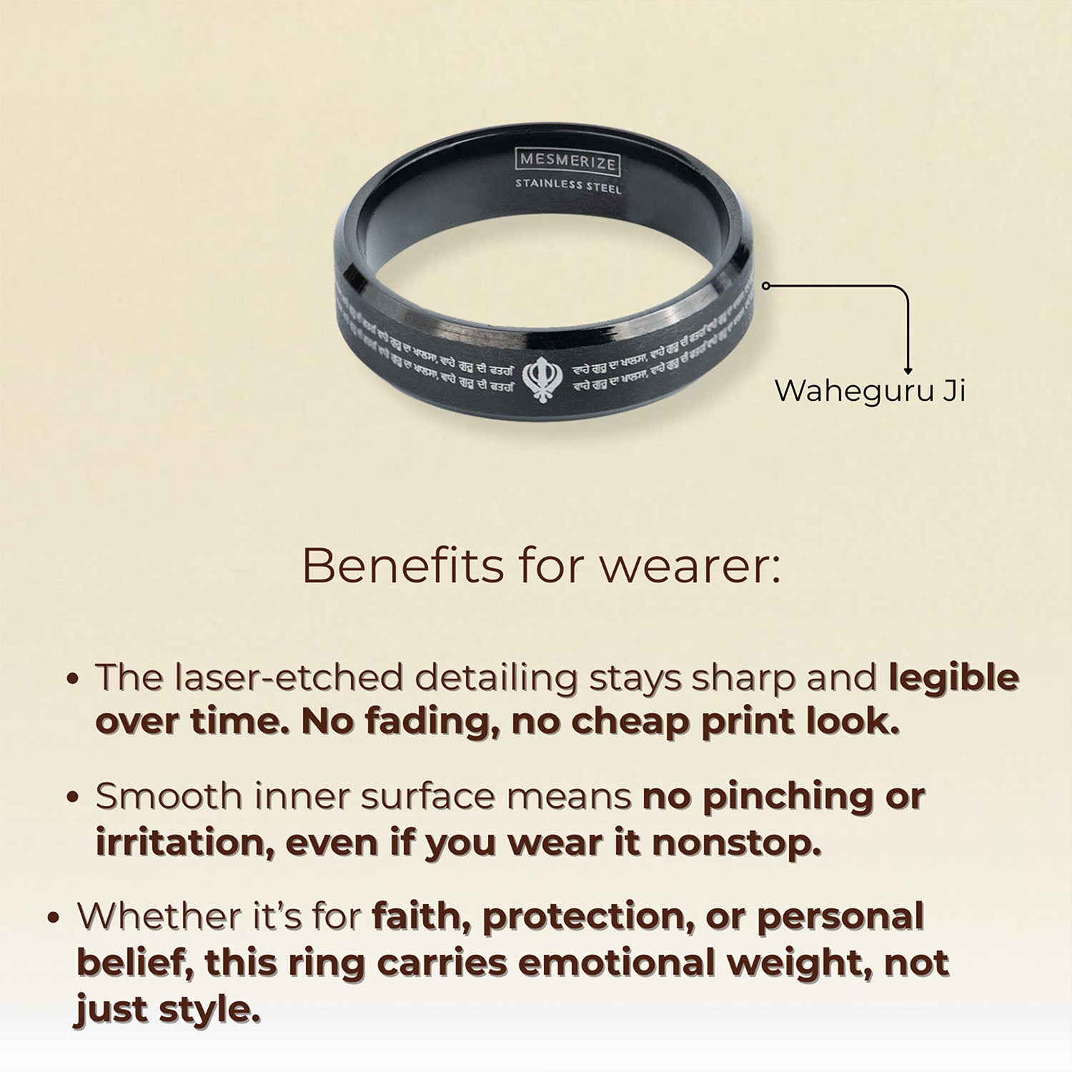 Waheguru Ji Da Khalsa Slogan MicroCarved Beveled Ring
