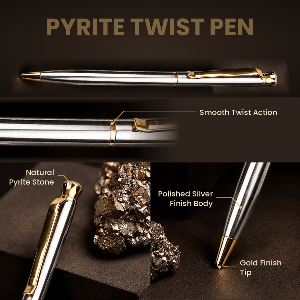 Polished Silver Gold Natural Pyrite Stone Twist Ball Pen