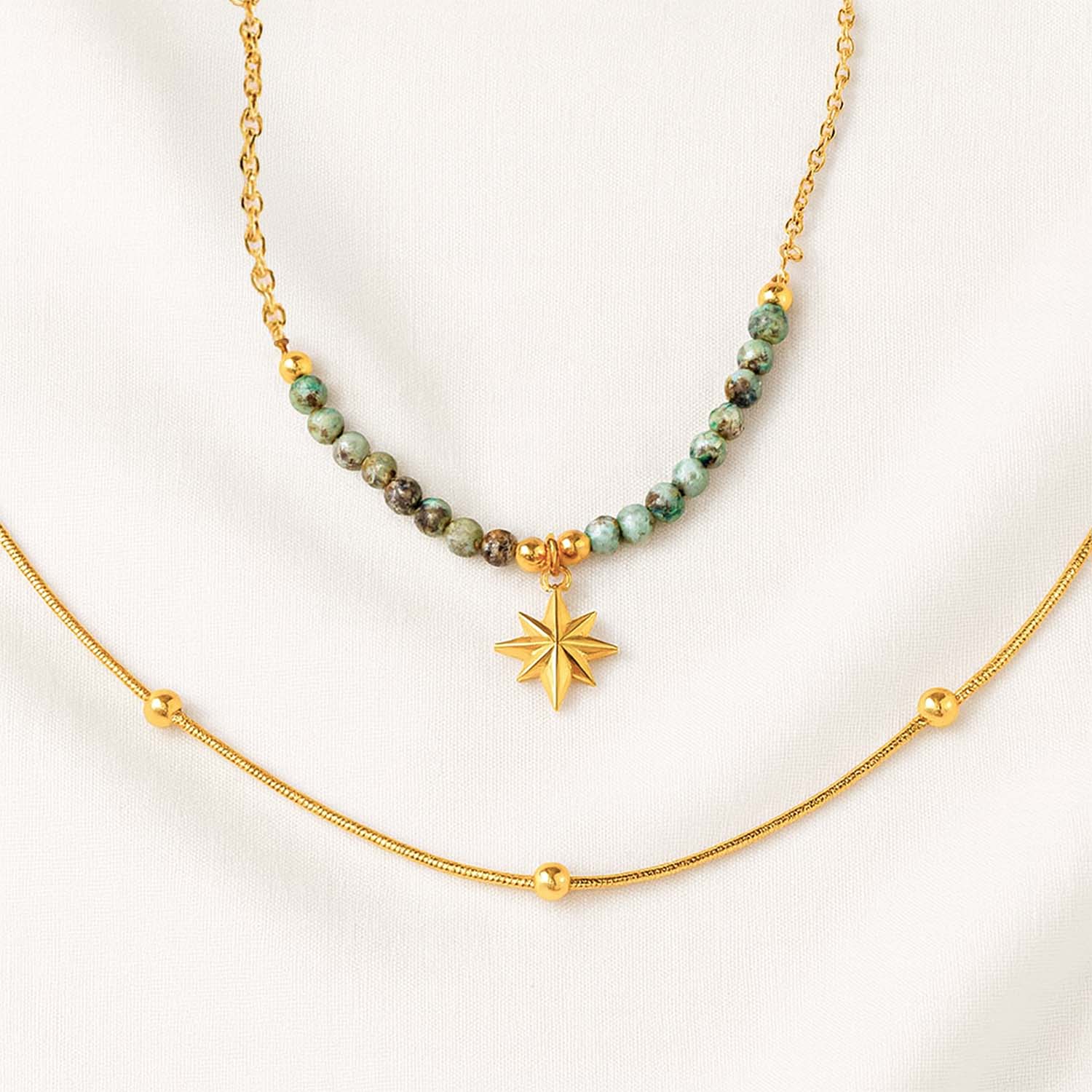 Astra Multi-Layer Gold Star Necklace with African Turquoise Beads