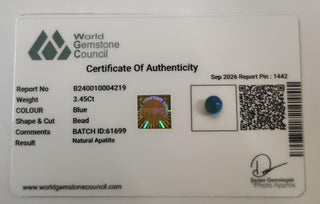 Blue Apatite lab certificate 15