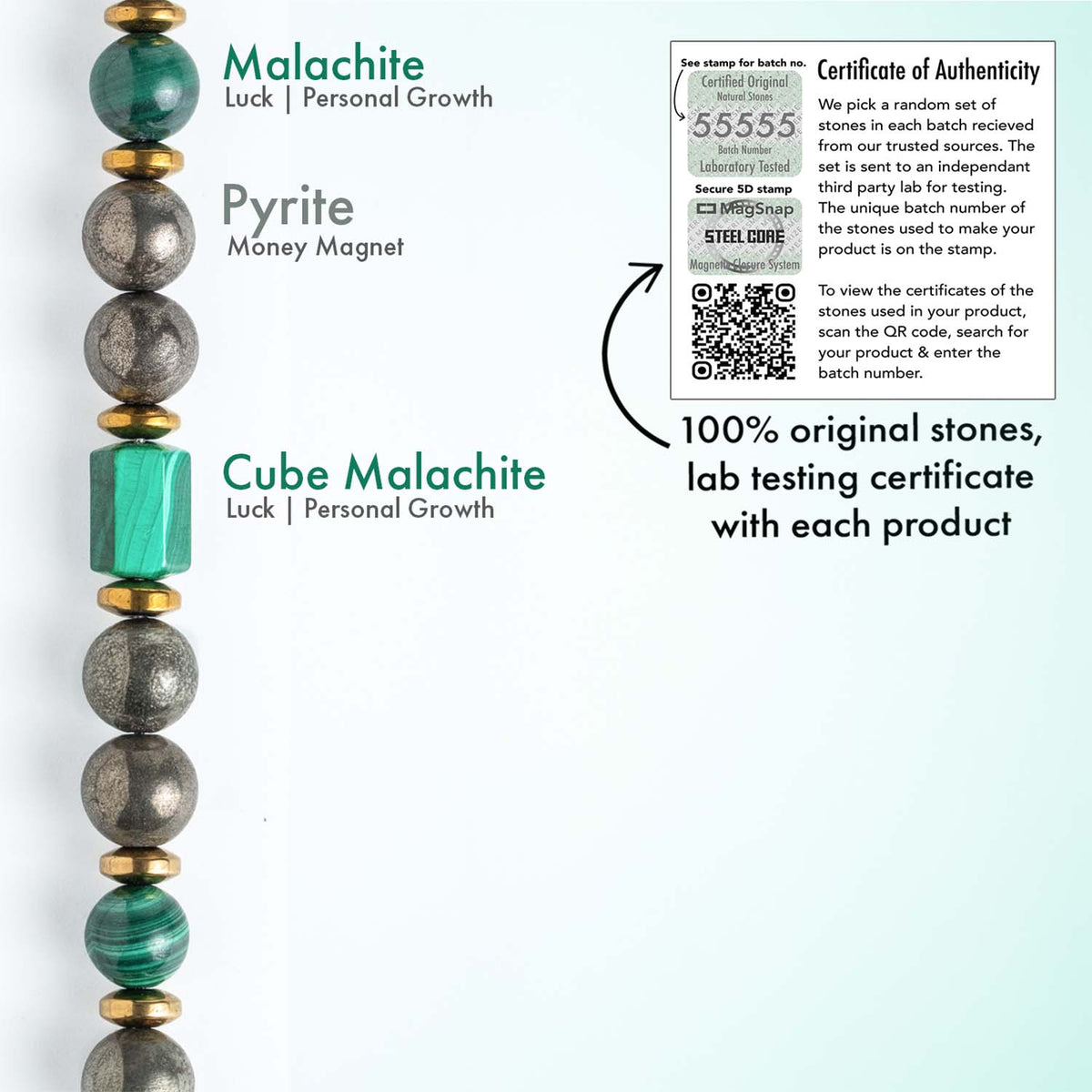 Fortune Pyrite & Malachite Natural Stone Bracelet with Magsnap