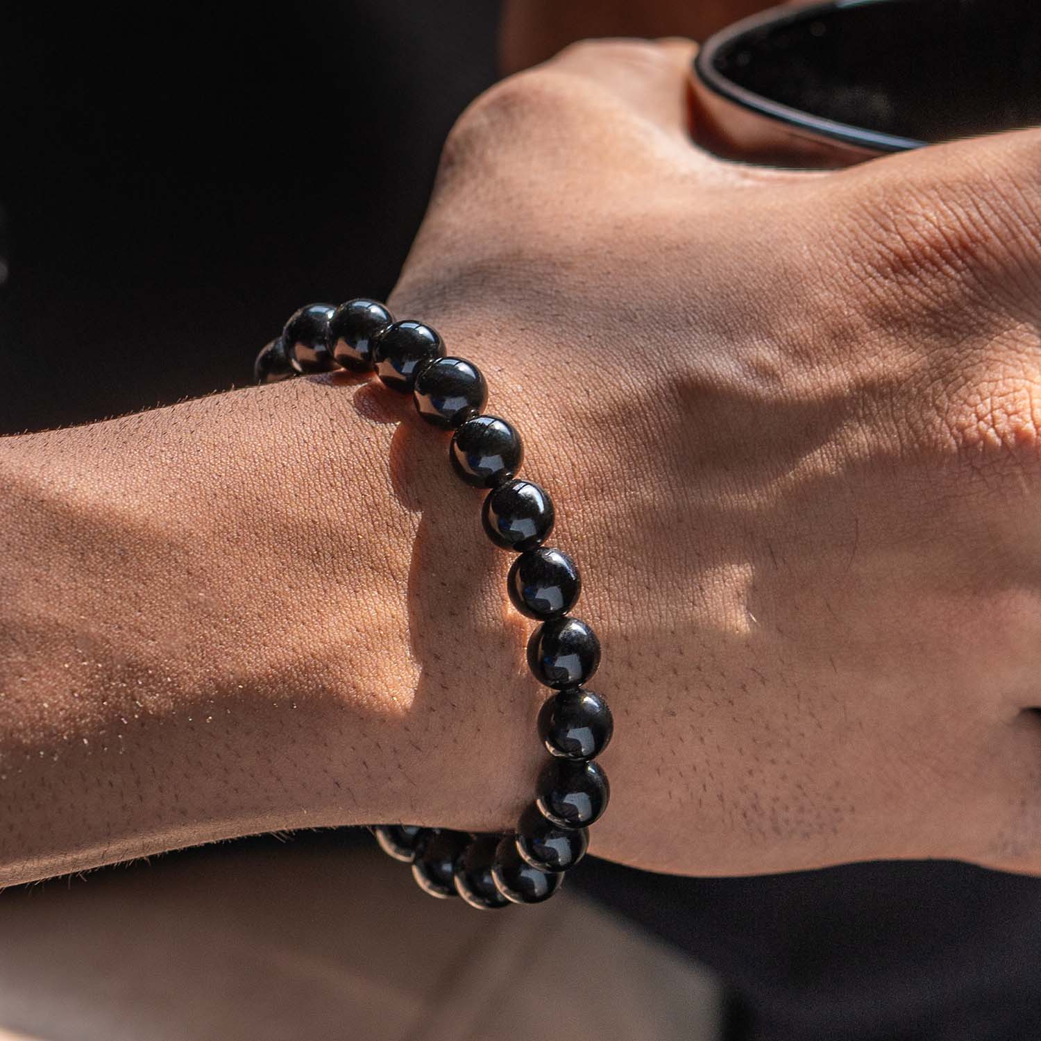 Grounding Black Obsidian Natural Stone Elastic Bracelet