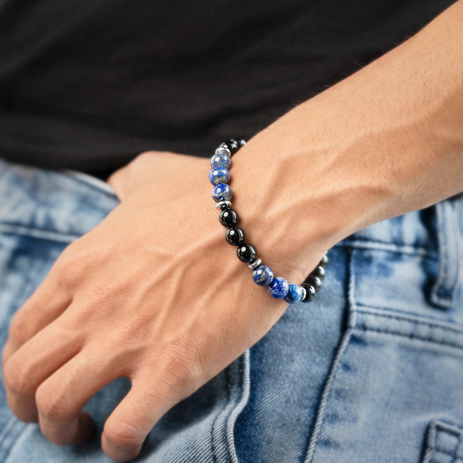 Knowledge Gloss Onyx And Lapis Lazuli Natural Stone Elastic Bracelet 