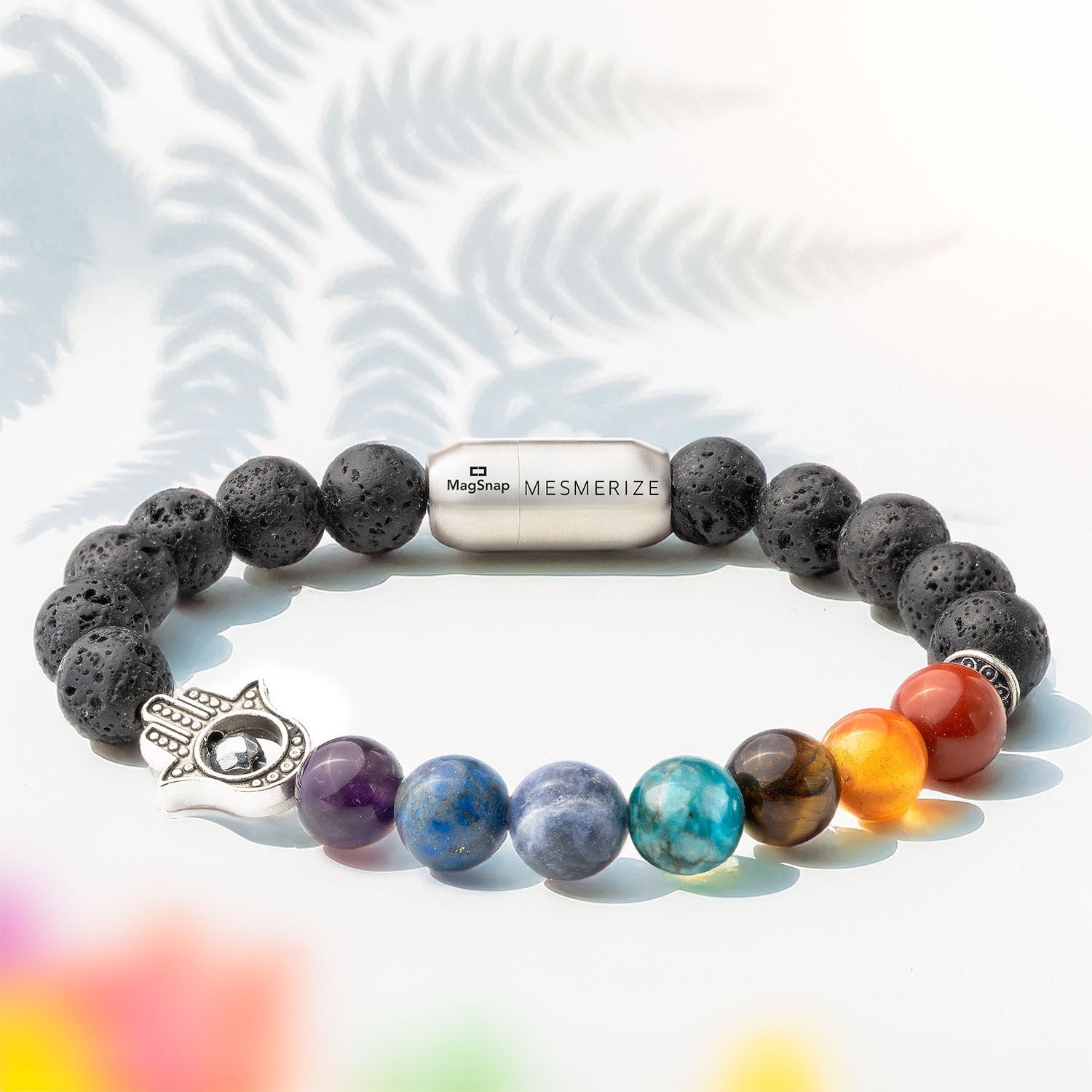 Natural Stone Jewellery Lava 7 Chakra Natural Stone Hamsa Bracelet with MagSnap