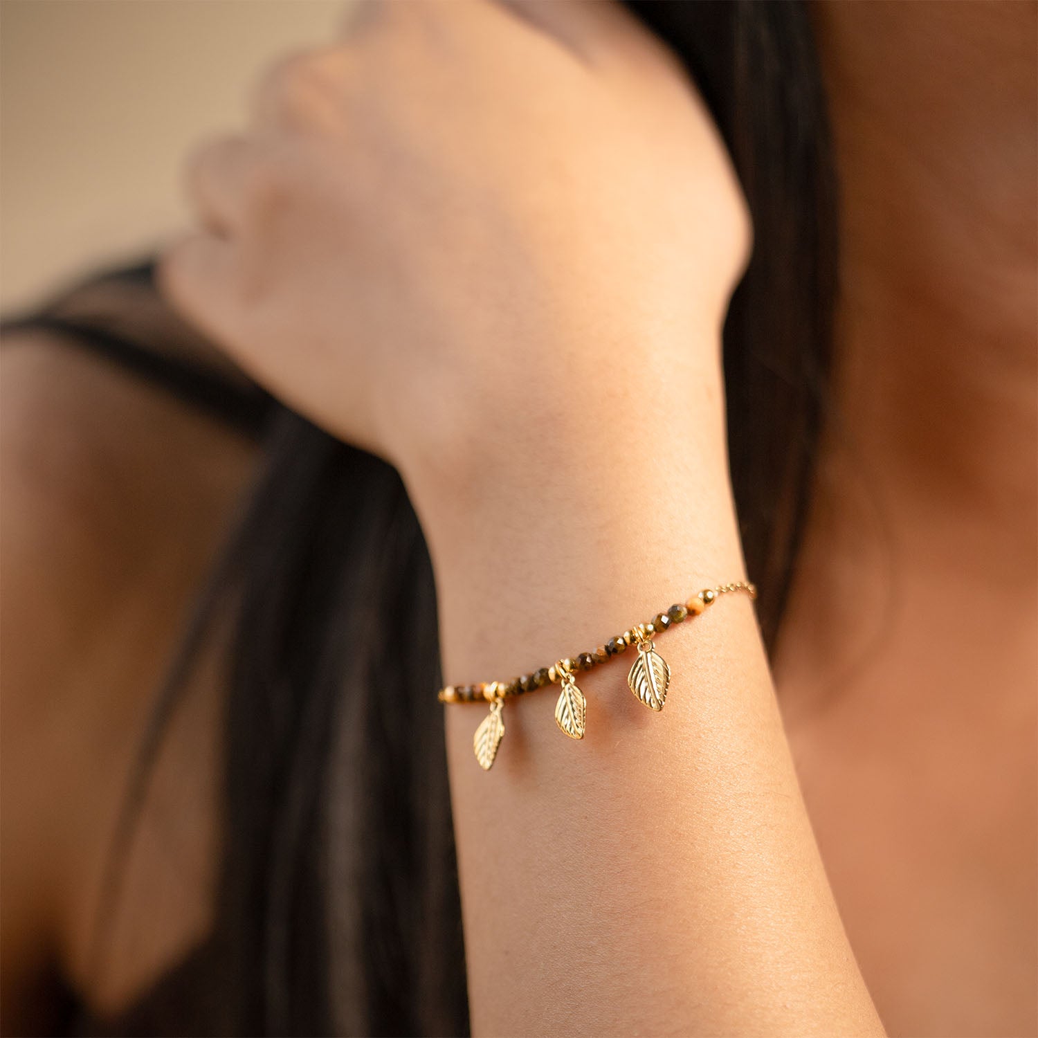 Oriana Minimal Leaf Drop Gold Natural Stone Bracelet Tiger Eye