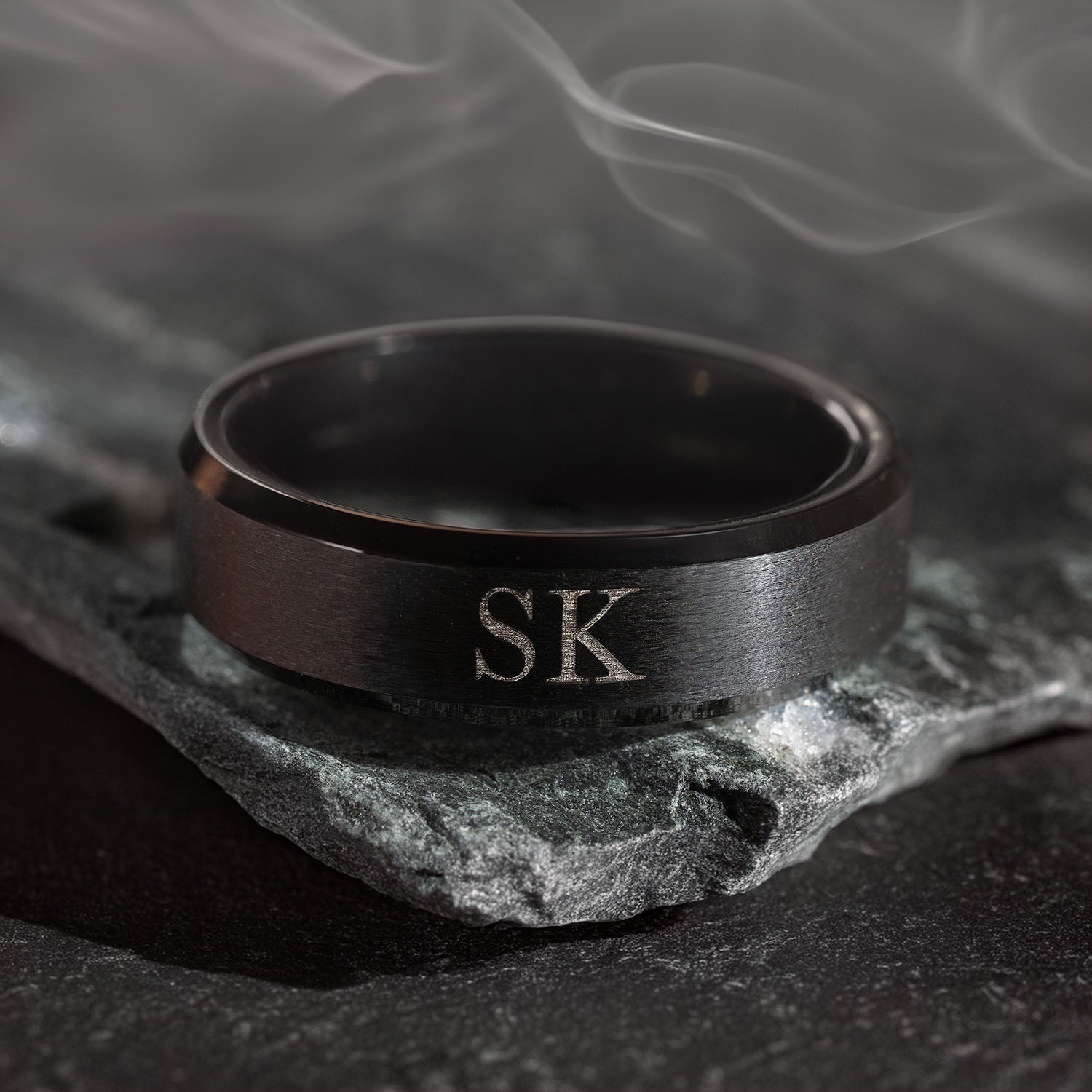 Personalised Black Beveled Ring