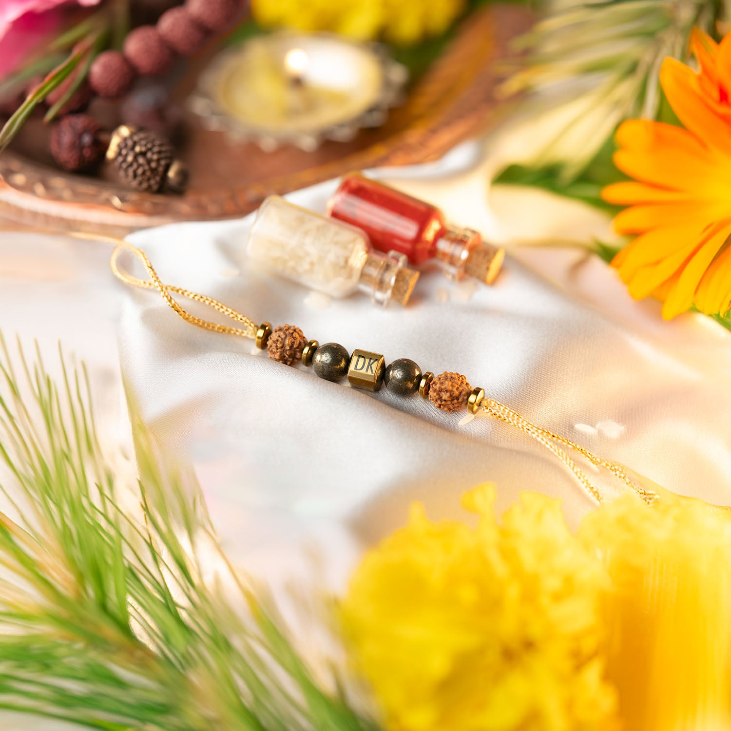 Personalised Rudraksh & Lapiz Rakhis + 2 Pens + 2 Brownies