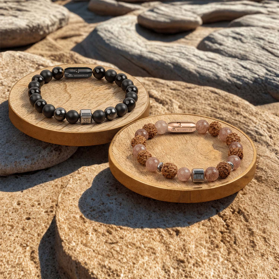 Personalised Serenity Strawberry Quartz & Stealth Gloss Onyx Natural Stone Couple Bracelets with Magsnap 4