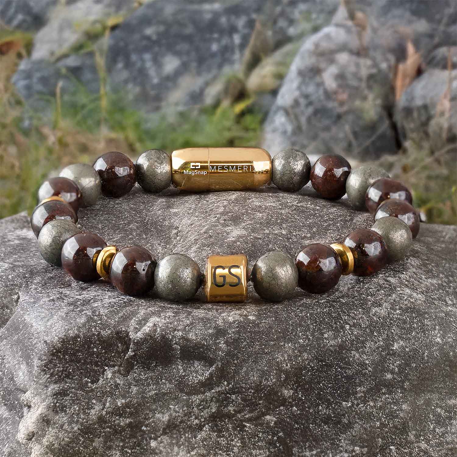 Personalised Abundance Magnet Garnet & Pyrite Natural Stone Bracelet with Magsnap 2