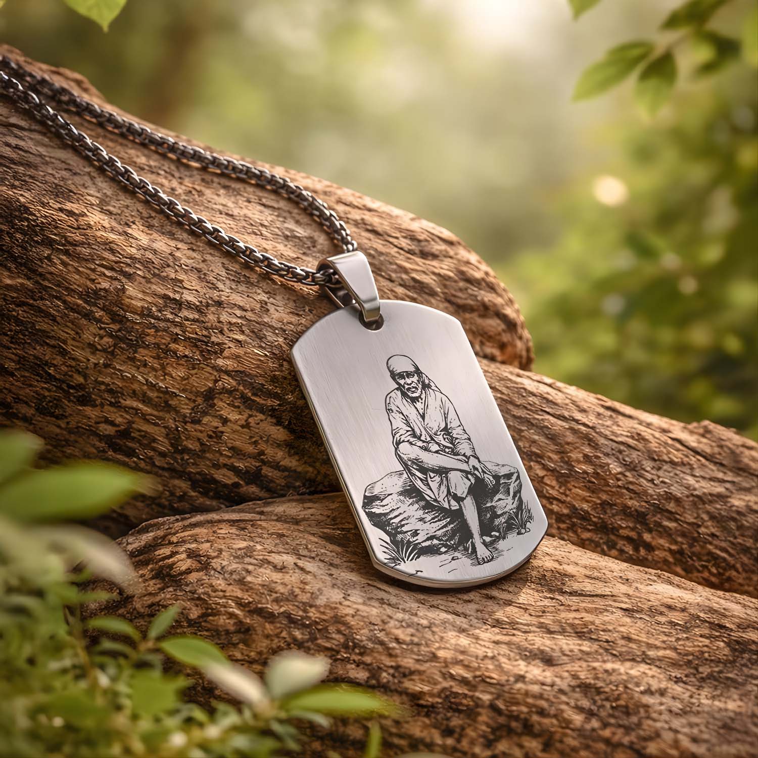 Divine Sai Baba Godform Tag Necklace Silver