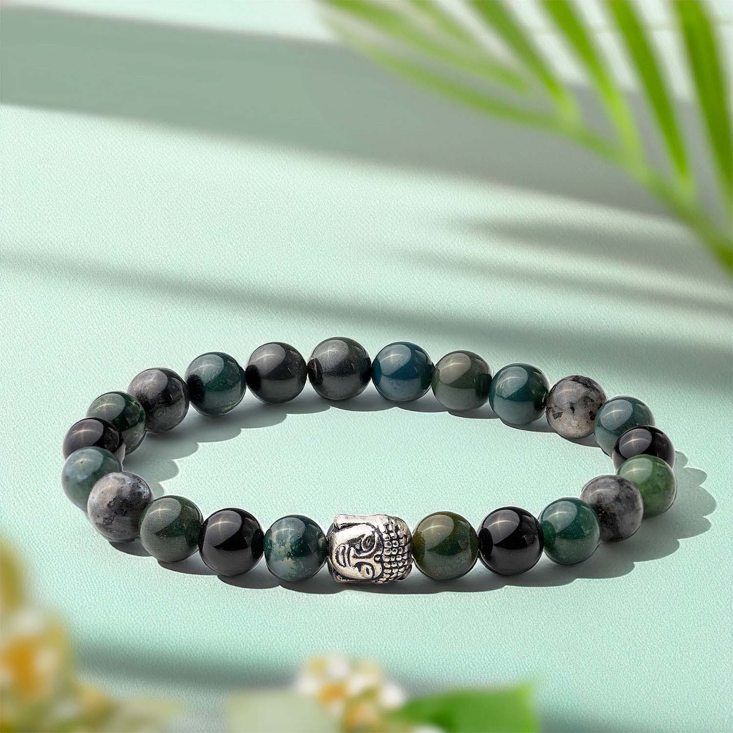 Zen Moss Agate Natural Stone Buddha Elastic Bracelet