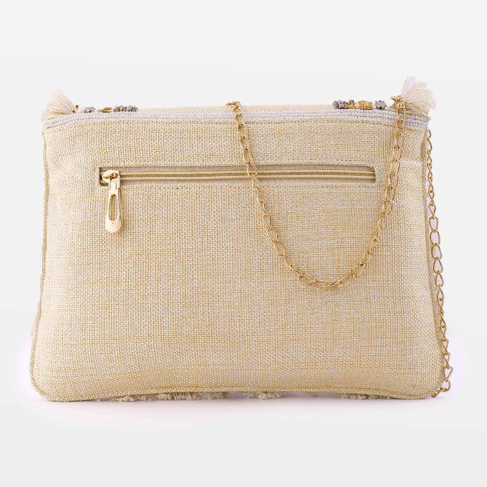 Boho Beige Hand Embellished Jute Fringe Sling Bag